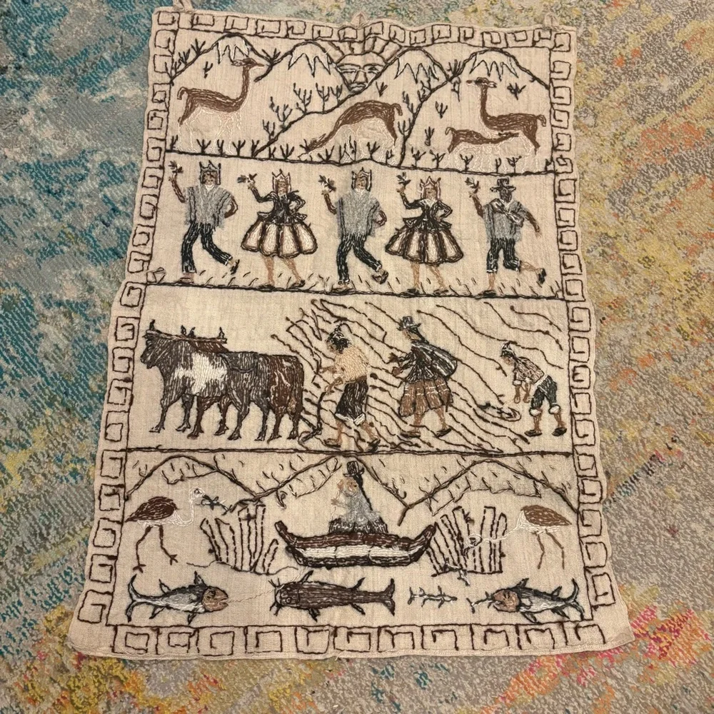 Vintage Folk Art Embroidery Peruvian Wall Tapestry Peru Artisan Fishing Farming